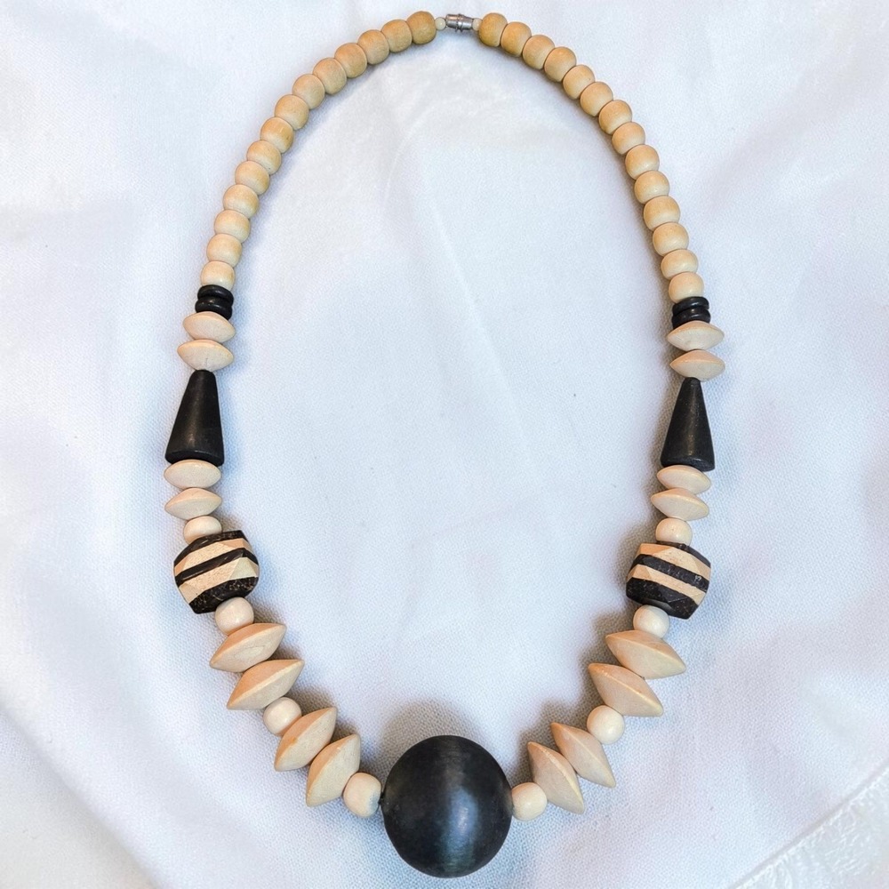 Vintage Chunky Natural Wood Black Cream Boho Tribal Statement Necklace